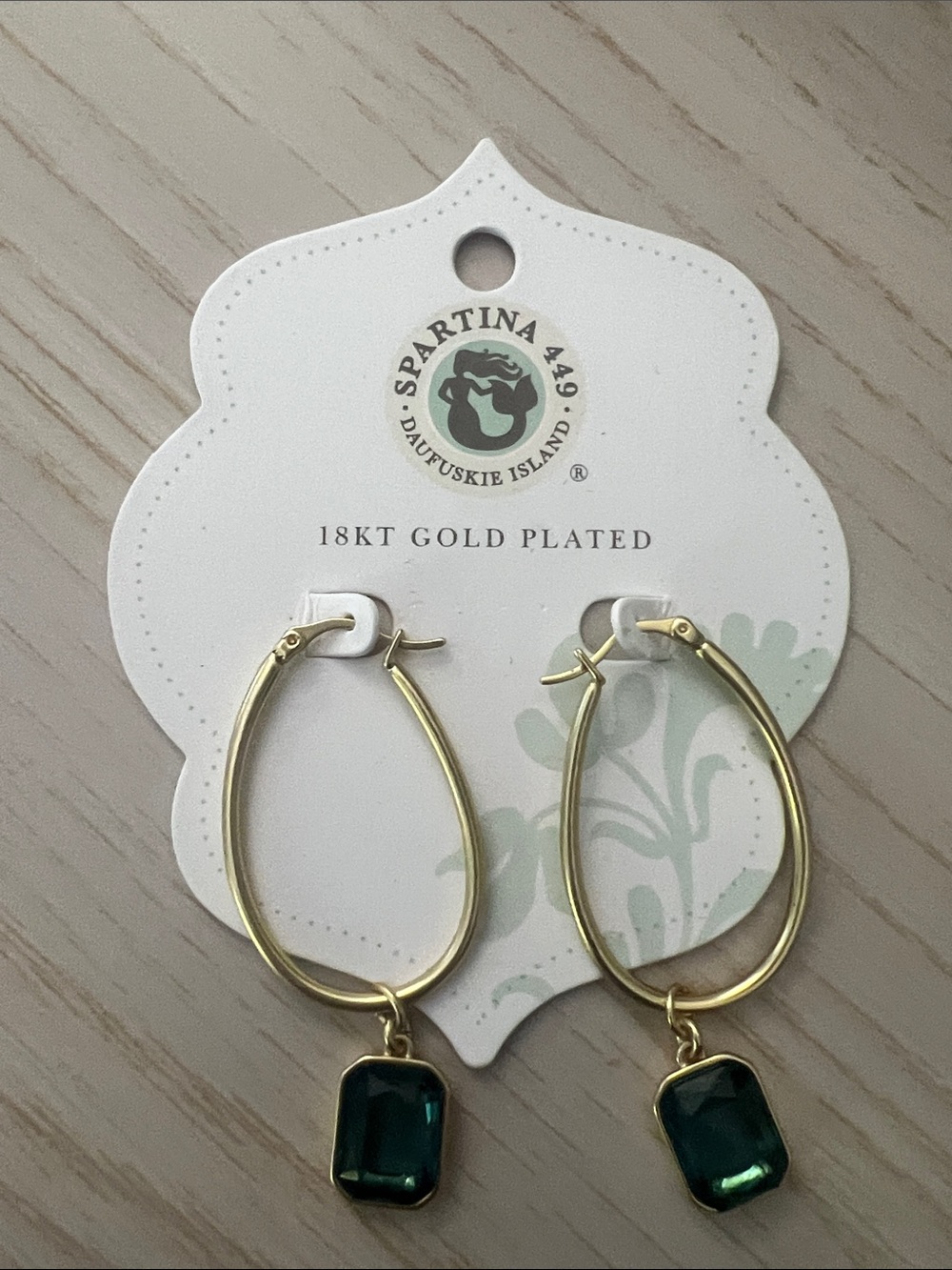 Spartina 449 Gold-Plated Hoops with Emerald Green Gem Drops